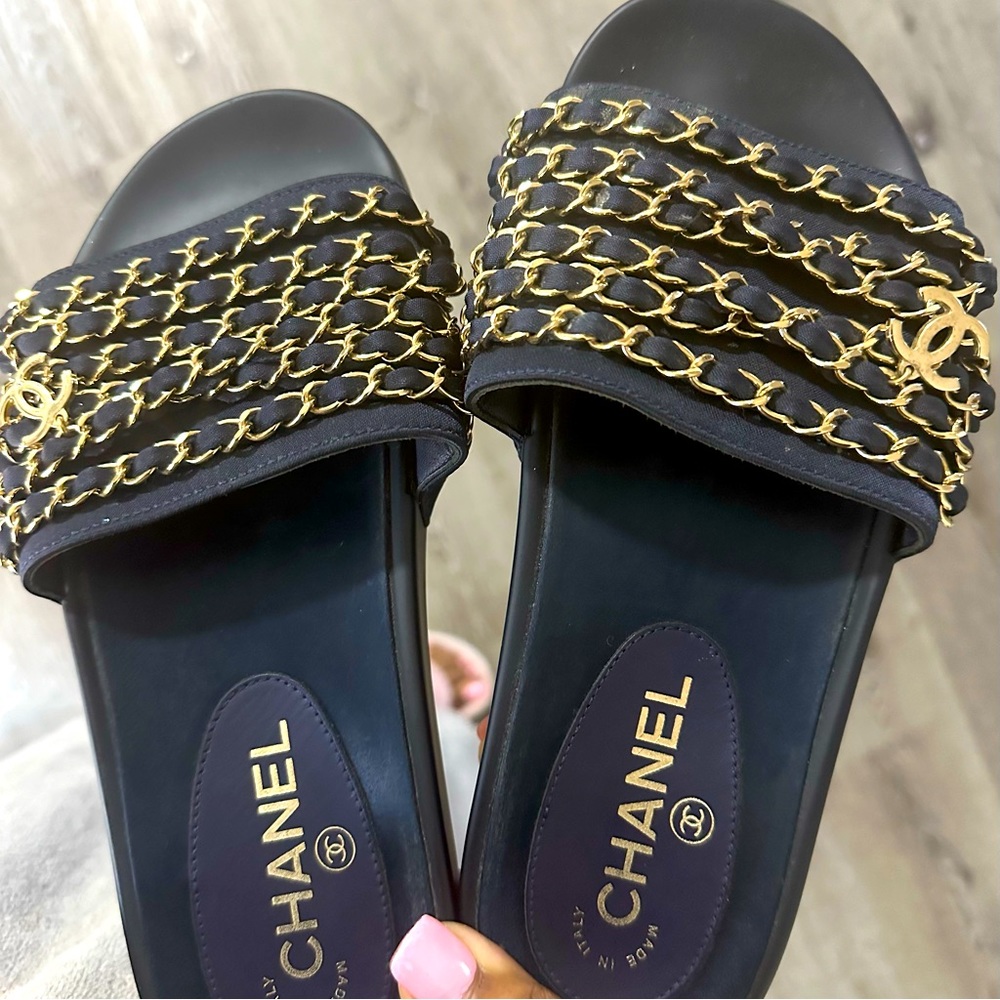 Blue Chanel slide with chain and charm